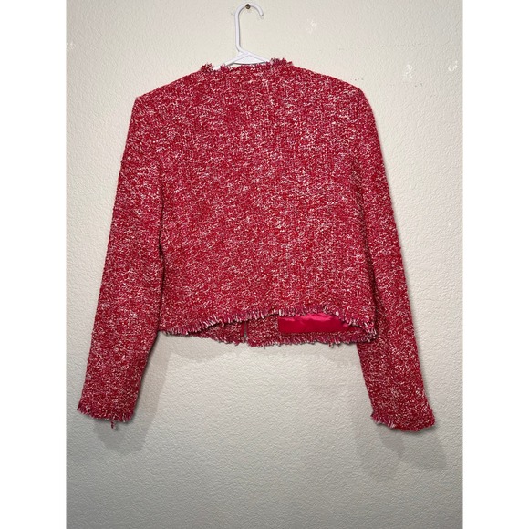 MNG Mango Womens Red White Zip Up Tweed Jacket Raw Fringe Trim Size L - Picture 3 of 11